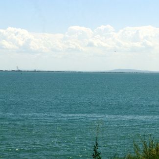 Crimea. Kerch Strait from Eni-Kale fortress. Крым. Панорама Керченского пролива от крепости Ени-Кале. На противоположном берегу виден Порт-Кавказ.