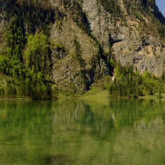 Königssee panorama vom Saletalm Oberbayern: Blick vom Saletalm auf den Königssee Верхняя Бавария: Вид на озеро Кёнигзее с морены Salet