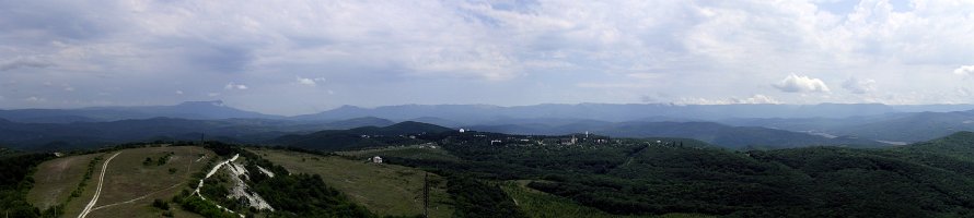 Crimea. Panoramic view from Mt. Selbukhra  Крым. Круговая панорама с горы Сельбухра. Крымская астрофизическая обсерватория в центре. Справа пещерный город Тепе-Кермен. : Крым, Горы, Panorama, Crimea