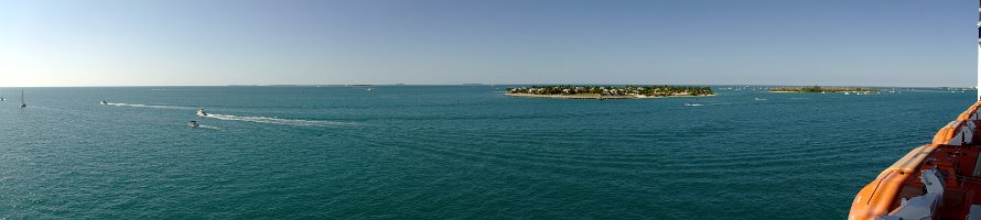 Florida Bay with Sunset Key & Wisteria Island  Вид на Флоридский залив и острова Сансет Ки и Вистерия с борта круизного лайнера MSC Poesia : USA, Florida, Panorama, Sea, Море, Key West, Cruise