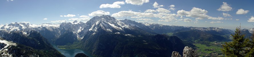 Watzmannmassiv panorama  Oberbayern: Blick vom Berg Jenner in Richtung Watzmannmassiv Верхняя Бавария: Панорамный вид на горный массив Watzmann с горы Jenner : Panorama, Deutschland, Germany, Bavaria, Горы, Lake