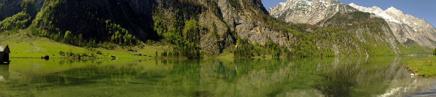 Königssee panorama vom Saletalm  Oberbayern: Blick vom Saletalm auf den Königssee Верхняя Бавария: Вид на озеро Кёнигзее с морены Salet : Panorama, Deutschland, Germany, Bavaria, Горы, Lake