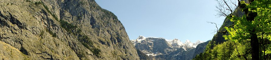 Blick auf den Obersee  Oberbayern: Blick vom Saletalm auf den Obersee Верхняя Бавария: Берхтесгаденер-Ланд: Вид на озеро Оберзее с морены Salet : Panorama, Deutschland, Germany, Bavaria, Горы, Lake